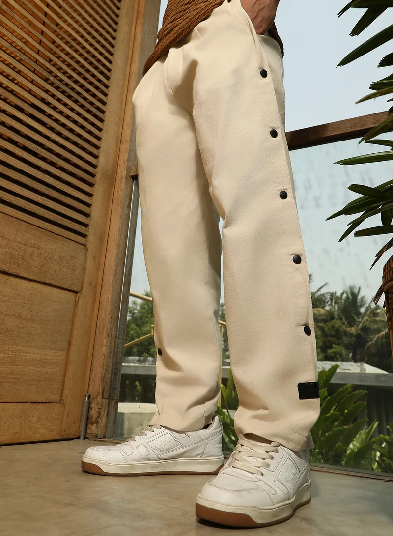 Men's Off-White Side-Snap Straight Trousers For Casual Wear | Mid-Rise | Straight Fit | Button Closure | Trousers Crafted With Comfort Fit For Everyday Wear